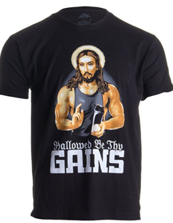 Ann Arbor T-shirt Co. Hallowed Be Thy Gains Funny Muscle Jesus Weight Lifting Work Out Humor T-shirt