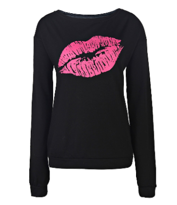 Sexy Color Block Lip Printed Pullover Sweatshirt For Women – Black – L