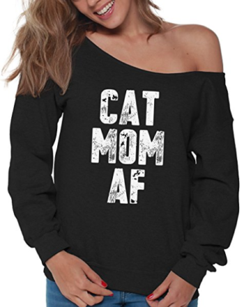 Vizor Women’s Cat Mom AF Off Shoulder Tops Sweatshirts Funny Cat Meme for Moms of Cats