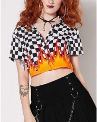 Cropped Checkered Flame Button Down Shirt