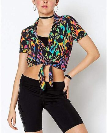 Cropped Rainbow Flames Alien Button Down Shirt