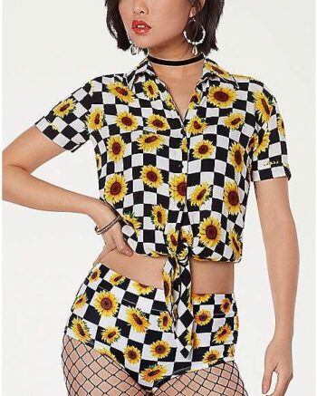 Cropped Checkered Sunflower Button Down Shirt