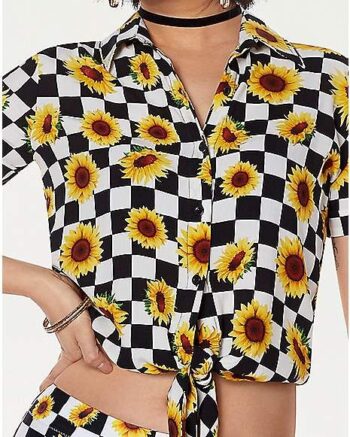 Cropped Checkered Sunflower Button Down Shirt