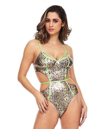 Snakeskin Bodysuit with Neon Strapping