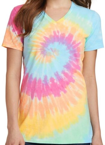 Ladies Pastel Rainbow Tie Dye V-neck Shirt