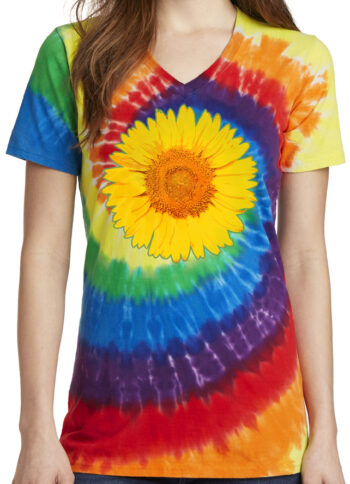 Ladies Sunflower Tie Dye V-neck Tee Shirt - Rainbow